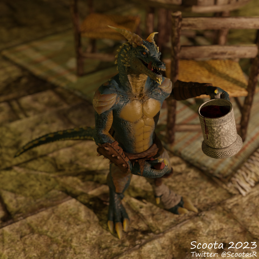 3d_(artwork) alcohol anthro armor baldur's_gate beverage black_nose blue_body blue_scales bottomwear bracers chair chin_spikes clothed clothing clothing_lift countershading digital_media_(artwork) erection facial_spikes foot_wraps furniture genitals head_spikes hi_res holding_mug holding_object holding_penis horn inside kobold licking licking_lips loincloth loincloth_lift looking_at_viewer male mug open_mouth orange_eyes penis pupils reptile scales scalie scoota seductive slit_pupils solo spikes spikes_(anatomy) standing table teeth tongue tongue_out wine wraps yellow_body yellow_scales