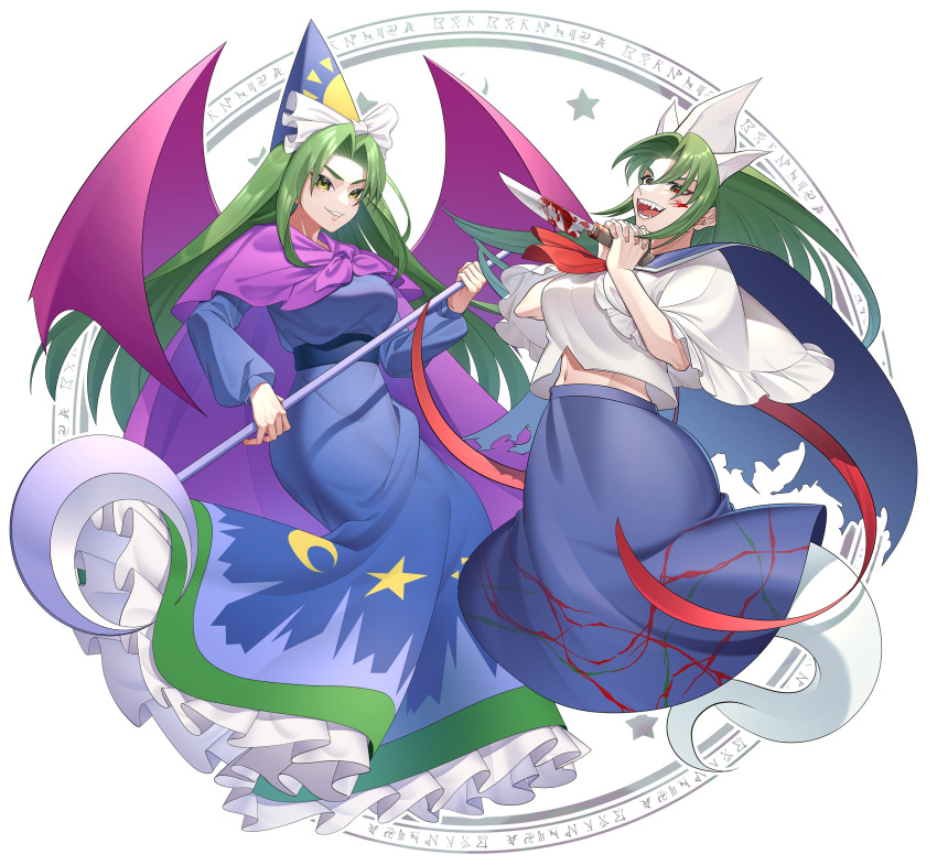 2girls absurdres blue_capelet blue_dress blue_skirt bow cape capelet crescent dress dual_persona frilled_dress frills ghost_tail green_eyes green_hair guumin hat highly_responsive_to_prayers highres long_hair long_sleeves mima_(touhou) multiple_girls open_mouth red_eyes runes sharp_teeth shirt sigil skirt smile staff star_(symbol) story_of_eastern_wonderland sun_print sun_symbol teeth torn_cape torn_clothes touhou touhou_(pc-98) white_shirt wings witch_hat wizard_hat