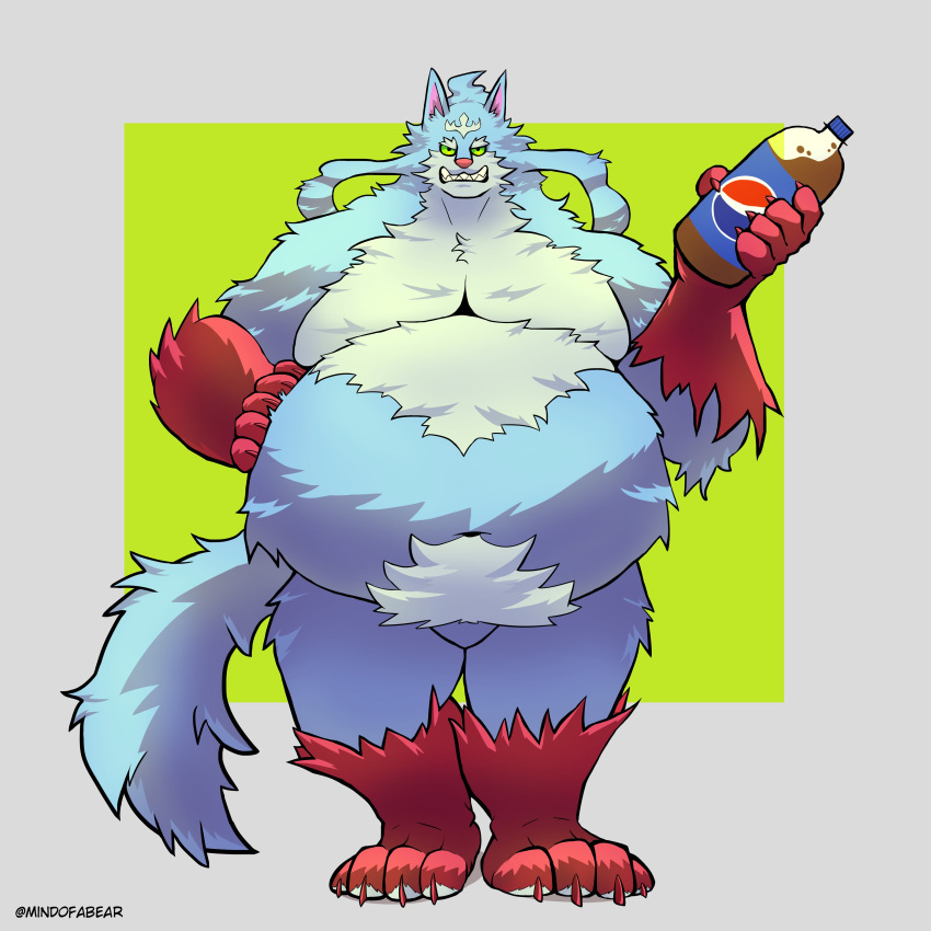 4_toes 5_fingers absurd_res anthro belly beverage big_belly blue_body blue_fur campfire_cooking_in_another_world_with_my_absurd_skill canid canine canis feet fel_(fenrir) fingers fluffy fluffy_tail fur green_eyes hand_on_stomach hands_on_belly hi_res holding_beverage holding_object logo looking_at_viewer male mammal mindof multicolored_body multicolored_fur narrowed_eyes overweight overweight_anthro overweight_male pepsi pink_inner_ear pink_nose pubes red_feet red_hands sharp_teeth solo standing tail teeth toes twitter_handle wolf