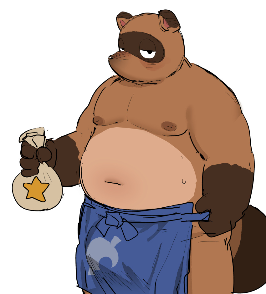 2023 absurd_res animal_crossing anthro apron belly big_belly bodily_fluids brown_body bulge canid canine clothing hi_res humanoid_hands kemono male mammal money_bag moobs navel nintendo nipples overweight overweight_male raccoon_dog simple_background solo ssu_open sweat tanuki tom_nook_(animal_crossing) white_background