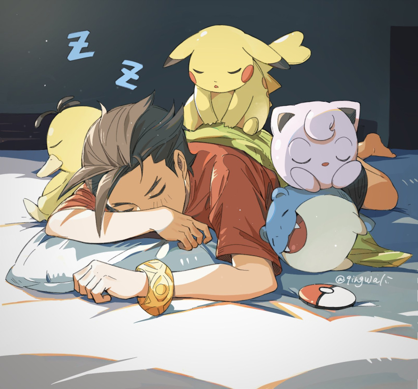 1boy ace_attorney antenna_hair apollo_justice bed blush bracelet brown_hair closed_eyes covered_mouth crossover highres jewelry jigglypuff kaeru_(qingwali) lying on_stomach pikachu pillow poke_ball pokemon pokemon_(creature) psyduck red_shirt shirt short_hair short_sleeves sleeping solo spheal t-shirt twitter_username zzz