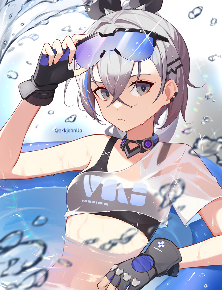 1girl afloat air_bubble ark_john_up artist_name black_gloves blue-tinted_eyewear breasts bubble closed_mouth ear_piercing eyewear_on_head fingerless_gloves fingernails gloves grey_eyes grey_hair hair_between_eyes highres honkai:_star_rail honkai_(series) looking_at_viewer medium_breasts navel piercing see-through see-through_shirt silver_wolf_(honkai:_star_rail) sleeved_one-piece_swimsuit solo splashing stomach swimsuit tinted_eyewear upper_body water water_drop wet wet_hair