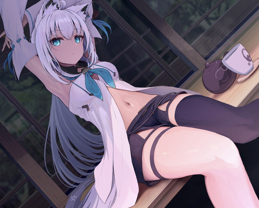 1girl ahoge animal_ear_fluff animal_ears armpits black_shorts black_thighhighs blue_neckerchief braid commentary_request cup detached_sleeves dutch_angle earrings fox_ears fox_girl fox_tail green_eyes hair_between_eyes highres hololive hood hoodie jewelry kobiyongo long_hair looking_at_viewer midriff navel neckerchief outstretched_arms shirakami_fubuki shirakami_fubuki_(1st_costume) short_shorts shorts sidelocks single_braid single_thighhigh sitting solo stretching tail teacup teapot thigh_strap thighhighs virtual_youtuber white_hair white_hoodie