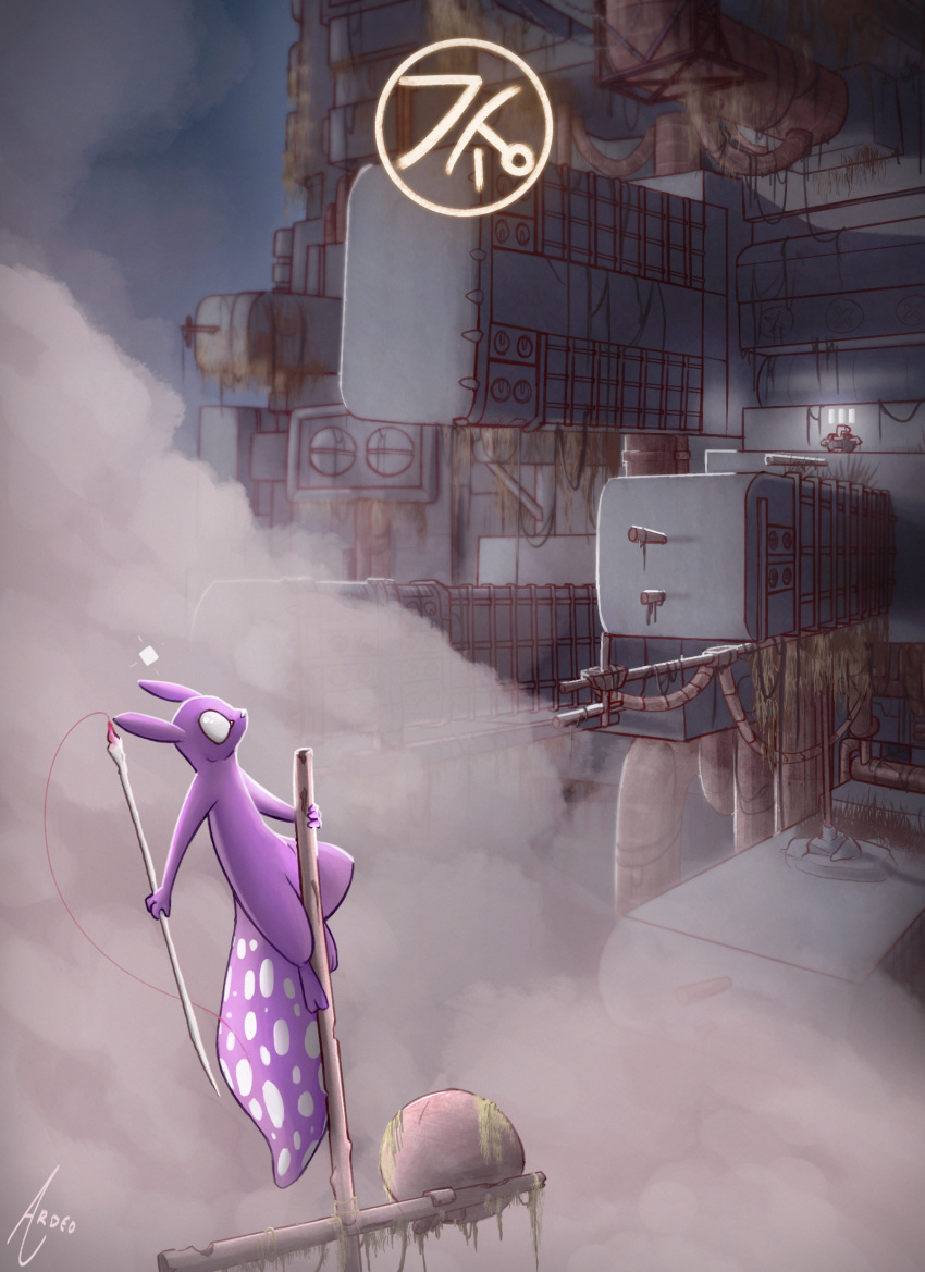 2023 2_toes 3_fingers ambiguous_gender ardeo big_eyes big_tail biped building climbing cloud cloudy day detailed_background digital_media_(artwork) feet feral fingers hi_res holding_object holding_spear holding_weapon light looking_up markings melee_weapon nude outside overgrown pipe plant pole polearm purple_body rain_world satellite_dish semi-anthro short_snout sky slugcat_(rain_world) snout solo solo_focus spear spearmaster_(rain_world) spots spotted_markings spotted_tail structure sunlight tail tail_markings thick_tail toes vines weapon white_eyes white_nose white_spots