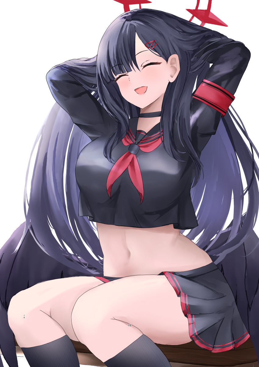 1girl absurdres armband arms_behind_head arms_up black_choker black_hair black_sailor_collar black_serafuku black_shirt black_skirt black_socks blue_archive breasts choker closed_eyes crop_top crop_top_overhang facing_viewer feathered_wings hair_ornament hairclip halo highres ichika_(blue_archive) kneehighs large_breasts long_hair long_sleeves low_wings midriff miniskirt navel neckerchief open_mouth pleated_skirt rei_tuki sailor_collar school_uniform serafuku shirt simple_background sitting skirt smile socks solo stomach thighs very_long_hair white_background wings