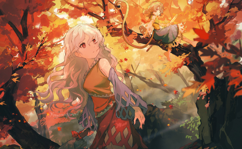 2girls autumn autumn_leaves bare_shoulders barefoot blue_dress brown_eyes brown_hair circlet closed_mouth cowboy_shot detached_sleeves dress forest green_dress highres holding holding_weapon leaf long_hair maple_leaf monkey_tail multiple_girls nata_(tool) nature oito_(bowstringsmall) orange_dress red_dress red_eyes sakata_nemuno short_twintails son_biten tail test_tube touhou tree twintails twitter_username weapon white_hair yellow_dress