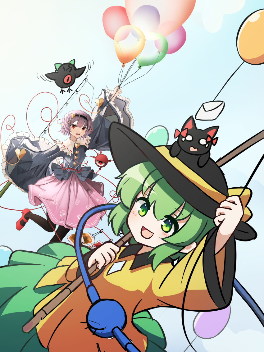 2girls :d absurdres balloon bird black_hairband black_headwear black_thighhighs blue_background blue_shirt cat collaboration commentary english_commentary ferdy's_lab green_eyes green_hair hairband hat hat_ribbon highres kaenbyou_rin kaenbyou_rin_(cat) komeiji_koishi komeiji_satori long_sleeves looking_at_viewer multiple_girls open_mouth ougiikun pink_eyes pink_footwear pink_skirt reiuji_utsuho reiuji_utsuho_(bird) ribbon shirt siblings sisters skirt smile thighhighs third_eye touhou wide_sleeves yellow_ribbon yellow_shirt