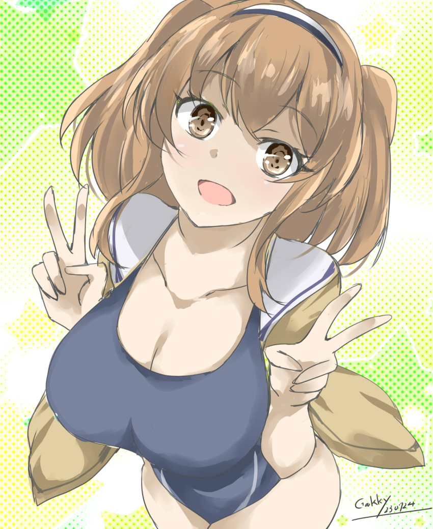 1girl artist_name blue_one-piece_swimsuit blush breasts brown_eyes cleavage cowboy_shot dated double_v gakky gradient_background green_background hairband highres i-26_(kancolle) kantai_collection large_breasts light_brown_hair long_hair looking_at_viewer new_school_swimsuit one-piece_swimsuit open_mouth sailor_collar school_swimsuit short_sleeves signature smile swimsuit swimsuit_under_clothes tri_tails two-tone_hairband two_side_up v