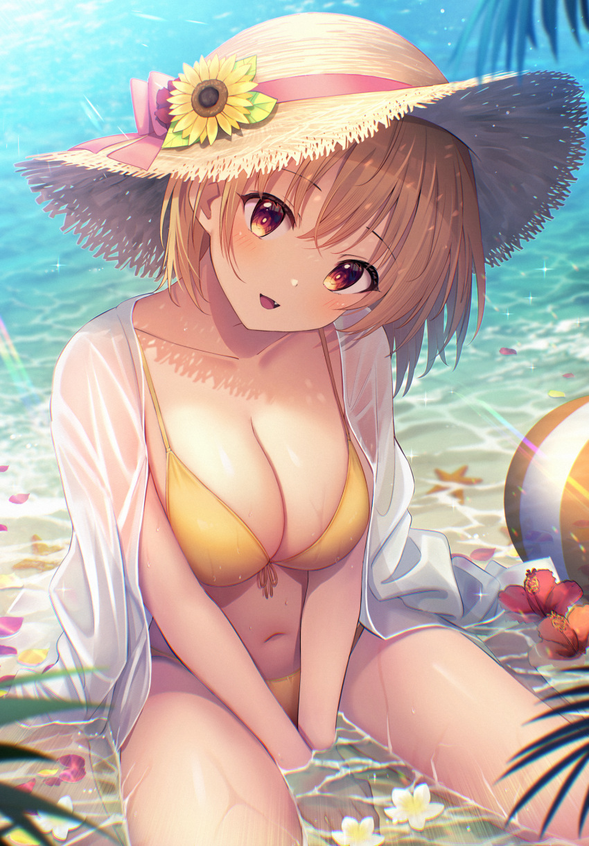 1girl :d ball barefoot beachball between_legs bikini blush breasts brown_hair brown_headwear cleavage collarbone comiket_102 commentary_request day fang flower flower_on_liquid food front-tie_bikini_top front-tie_top fruit hair_between_eyes hand_between_legs hat hat_flower head_tilt highres large_breasts long_sleeves looking_at_viewer original outdoors red_eyes red_flower see-through shallow_water shirt shirt_on_shoulders sitting smile solo starfish strawberry sunflower swimsuit u_rin wariza water wet wet_clothes wet_shirt white_shirt yellow_bikini yellow_flower