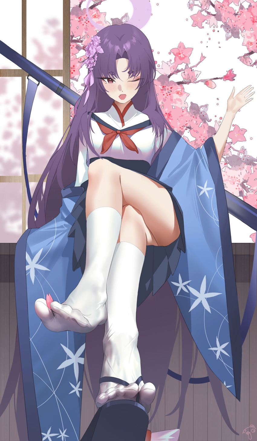 1girl ;o absurdres black_skirt blue_archive blush cherry_blossoms crossed_legs feet flower foot_focus haine_1871 hair_flower hair_ornament halo highres indoors long_hair looking_at_viewer neckerchief one_eye_closed petals pleated_skirt purple_hair red_neckerchief school_uniform serafuku shoe_dangle shoes single_shoe sitting skirt socks solo tabi toes very_long_hair weapon weapon_on_back white_socks yukari_(blue_archive) zouri