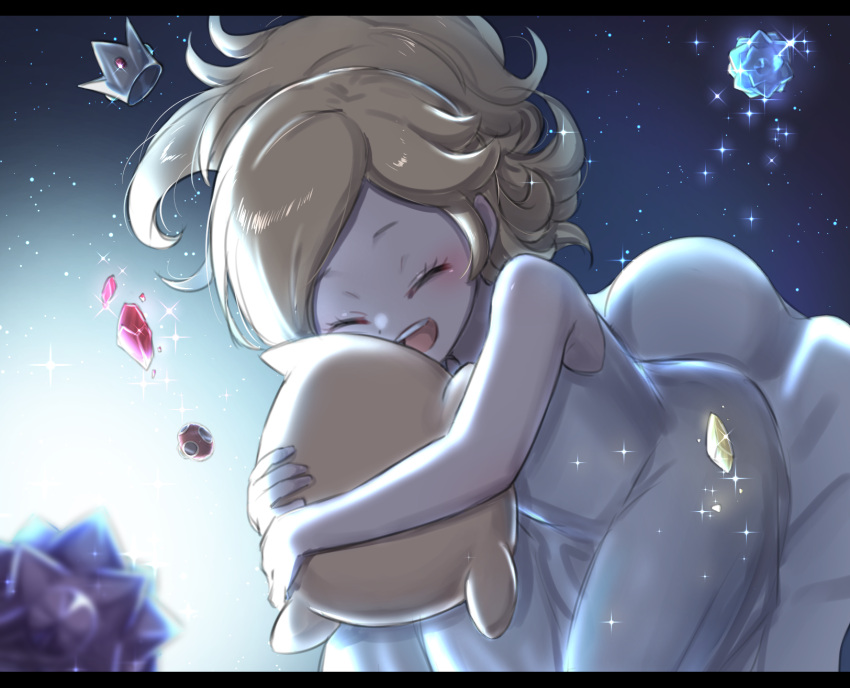 1girl aged_down bare_shoulders blonde_hair closed_eyes crown dress eyelashes haniwa_(8241427) highres hug long_hair luma_(mario) mario_(series) night night_sky open_mouth rosalina sky sleeveless sleeveless_dress star_bit super_mario_galaxy teeth upper_teeth_only white_dress