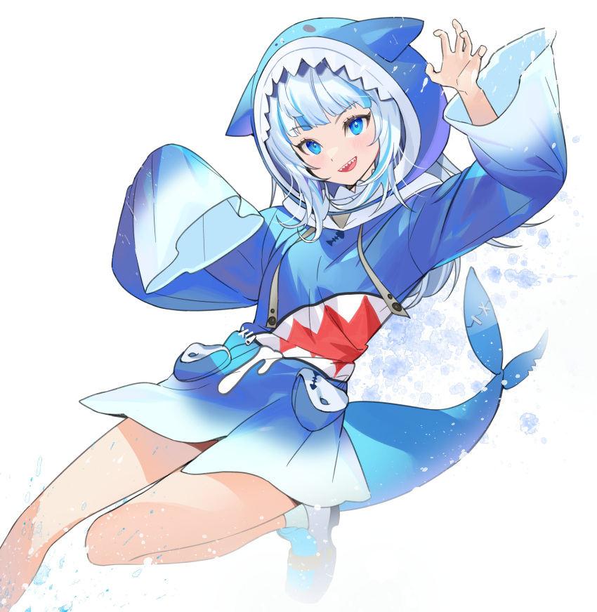 1girl :d absurdres animal_hood blue_eyes blue_hair blue_hoodie blunt_bangs breasts dutch_angle fins fish_tail gawr_gura gawr_gura_(1st_costume) hands_up highres hololive hololive_english hood hood_up hoodie long_sleeves looking_at_viewer medium_hair multicolored_hair no_pants open_mouth seoji shark_hood shark_tail sharp_teeth shoes simple_background sleeves_past_fingers sleeves_past_wrists small_breasts smile sneakers solo streaked_hair tail teeth virtual_youtuber water_drop white_background white_footwear white_hair wide_sleeves