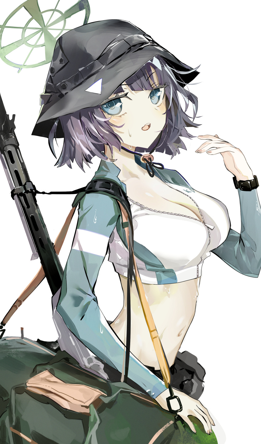 1girl absurdres bag belt belt_pouch black_belt blue_archive blue_eyes breasts cleavage cowboy_shot crop_top green_bag green_halo gun halo hand_up hat highres large_breasts light_machine_gun long_sleeves looking_at_viewer medium_hair multicolored_hair navel parted_lips pouch purple_hair rifle ryoma_(rym_369) saki_(blue_archive) simple_background solo strap streaked_hair teeth upper_teeth_only watch weapon white_background wristwatch