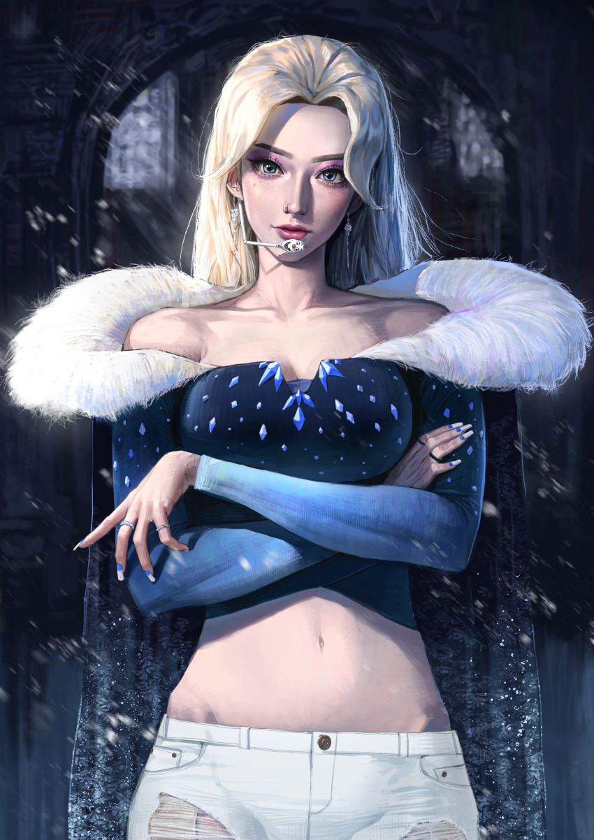 1girl absurdres adapted_costume blonde_hair blue_eyes blue_nails blue_shirt cropped_shirt earpiece earrings elsa_(frozen) english_commentary eyeshadow frozen_(disney) head_tilt heo_sung-moo highres jewelry long_hair makeup multicolored_nails multiple_rings navel nose_piercing nose_ring off-shoulder_shirt off_shoulder olaf_(frozen) pants piercing purple_eyeshadow realistic ring shirt smile solo straight-on white_nails white_pants
