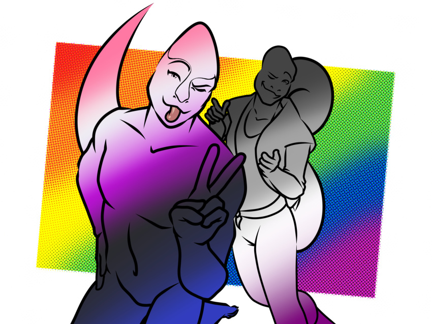 2022 5_fingers 6_fingers ambiguous_gender amphibian anthro asexual_pride_colors blep bottomwear chameleon clothed clothing digital_media_(artwork) dracodare duo featureless_crotch finger_gun fingers genderfluid_pride_colors gesture gradient_background gradient_body hand_on_hip hi_res humanoid_hands hybrid lgbt_pride lizard looking_at_viewer male navel nonbinary_(lore) nude nude_anthro one_eye_closed open_clothing open_topwear open_vest pants pride_colors rainbow_pride_colors reptile roy_gregorio_biv salamander_(amphibian) scalie simple_background sovrim_terraquian tongue tongue_out topwear v_sign vest wink winking_at_viewer
