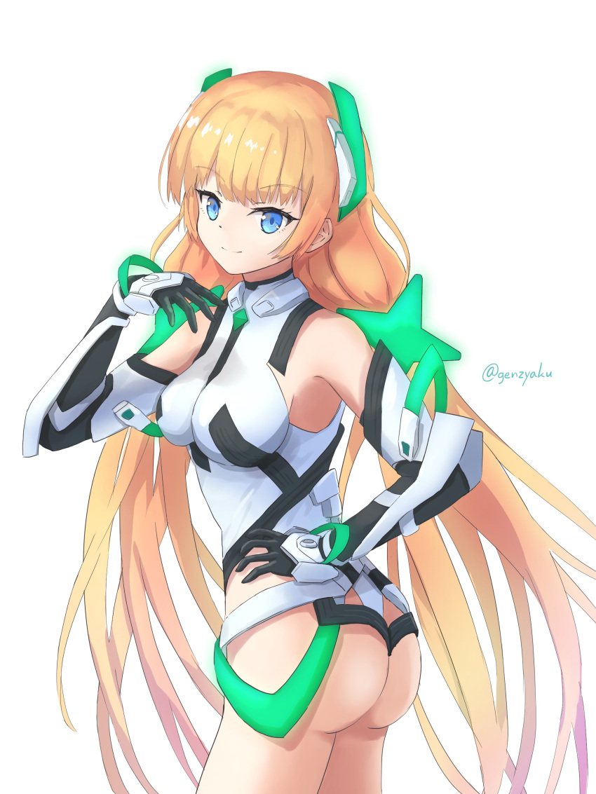 1girl absurdres angela_balzac ass blonde_hair blue_eyes breasts closed_mouth commentary_request deva_battle_suit elbow_gloves genjaku gloves headgear highleg highleg_leotard highres impossible_clothes impossible_leotard leotard long_bangs long_hair looking_at_viewer low_twintails rakuen_tsuihou smile twintails