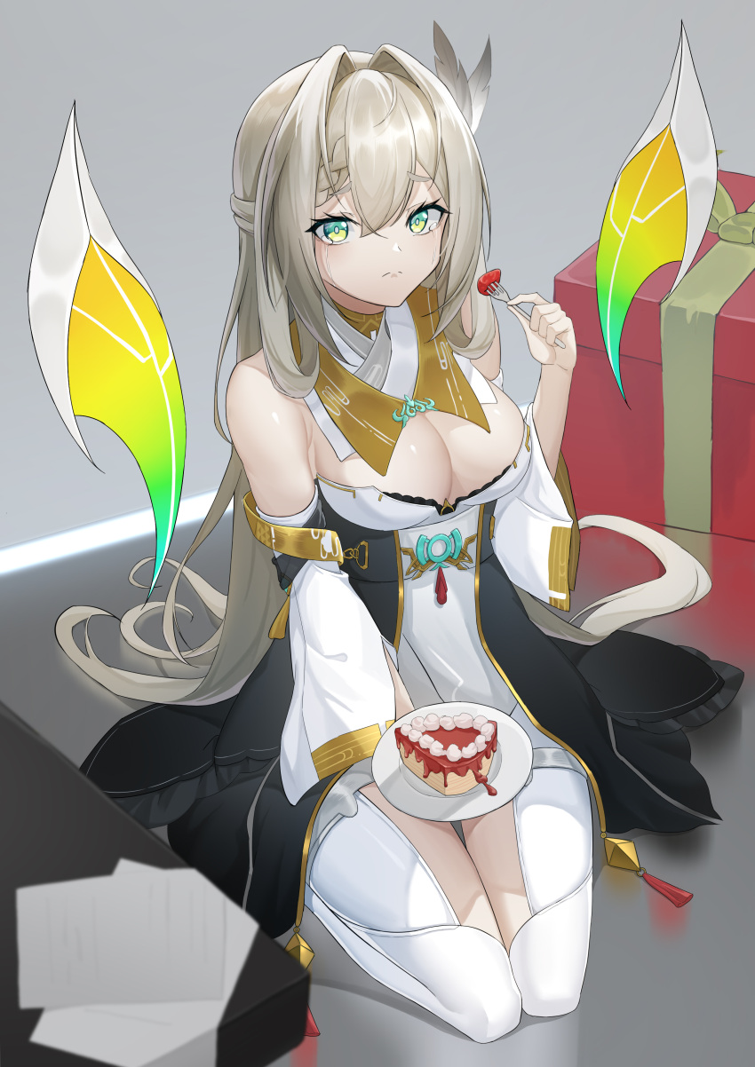 1girl absurdres bare_shoulders braid breasts cake cake_slice cleavage closed_mouth crying crying_with_eyes_open dai_mao_xuan_yi detached_collar detached_sleeves dress food green_eyes grey_hair hair_intakes hand_up highres long_hair long_sleeves looking_at_viewer medium_breasts pantyhose seiza sitting solo tears tower_of_fantasy very_long_hair white_dress white_pantyhose yan_miao_(tower_of_fantasy)