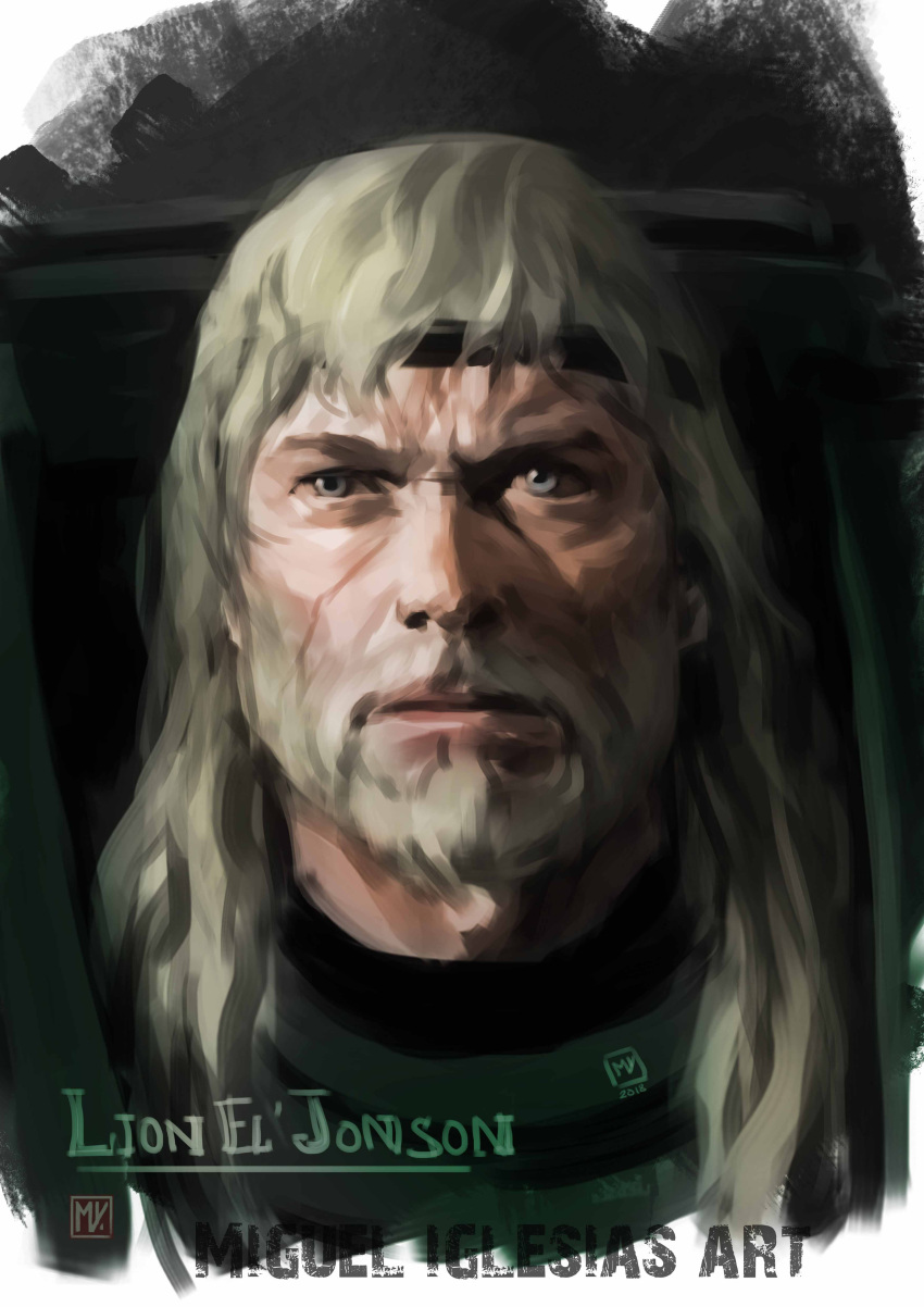 absurdres armor artist_name beard black_headband blonde_hair blue_eyes character_name closed_mouth dated facial_hair green_armor headband highres initial lion_el'jonson long_hair looking_at_viewer miguel_iglesias portrait sketch warhammer_40k white_background