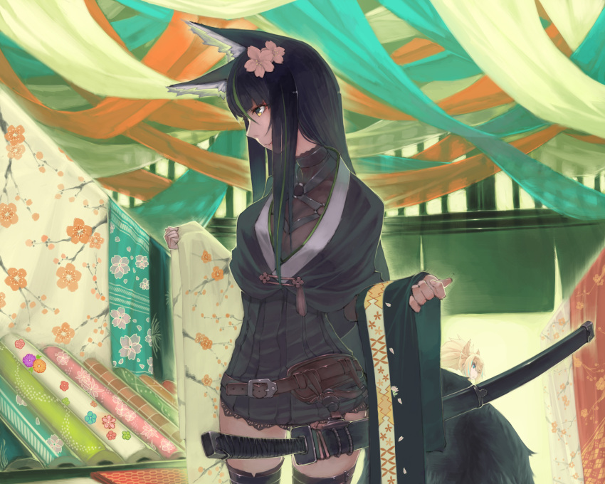 2girls animal_ears belt black_capelet black_dress black_hair blonde_hair capelet clothes_shop dress drghmkn floral_print flower fox_ears fox_tail hair_flower hair_ornament half-closed_eyes highres holding holding_clothes indoors kitsunegasaki_tametsugu_(tenka_hyakken) lace-trimmed_dress lace_trim long_hair multiple_girls sheath sheathed shopping sidelocks solo_focus tachi_(weapon) tail tenka_hyakken teppougiri_kanemitsu thighhighs