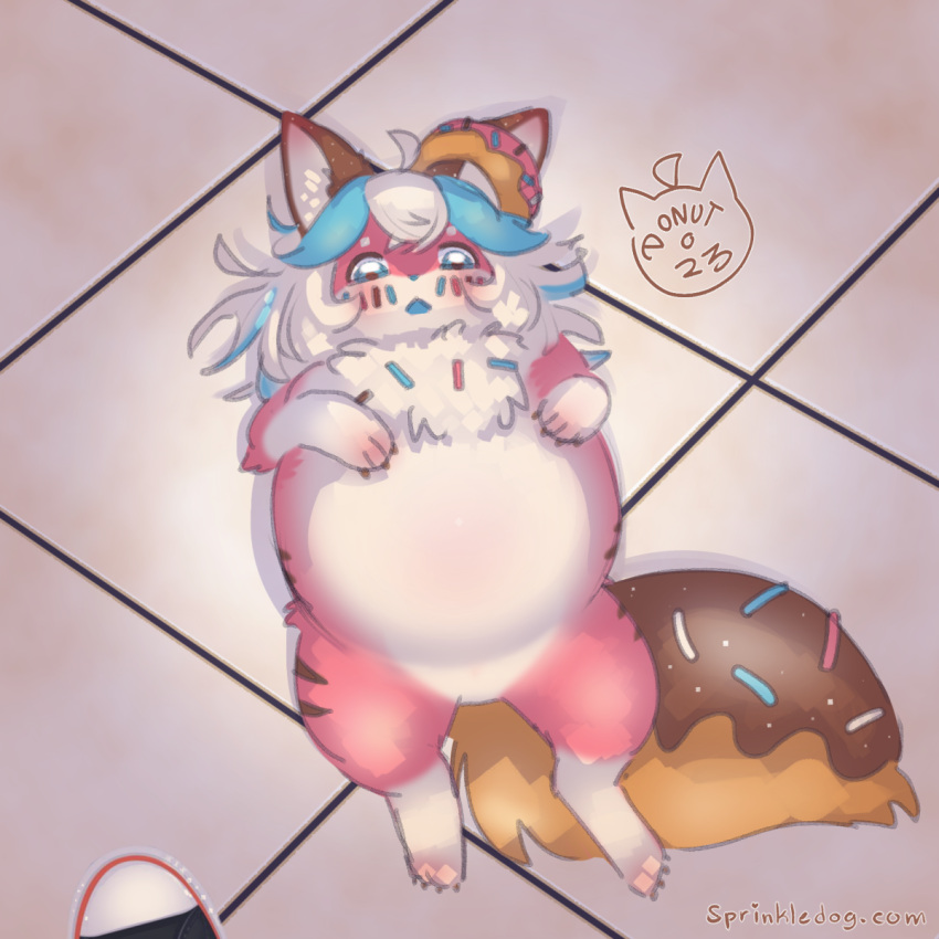 big_tail canid canine canis dessert domestic_dog donut_(misterdonut) doughnut food food_creature fur genitals girly hair hi_res kemono looking_at_viewer male mammal misterdonut overweight pawpads paws penis pink_body pink_fur sprinkles tail white_hair