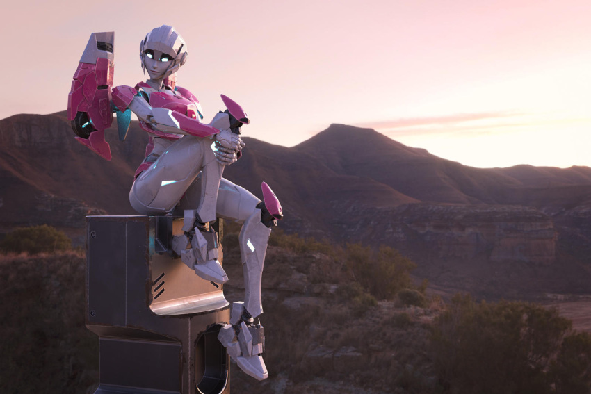 1girl 3d arcee autobot blender_(medium) blue_eyes colored_skin glowing glowing_eyes helmet highres holding holding_leg humanoid_robot jpl-animation letter metal_skin robot robot_girl science_fiction sitting solo sunset transformers white_skin