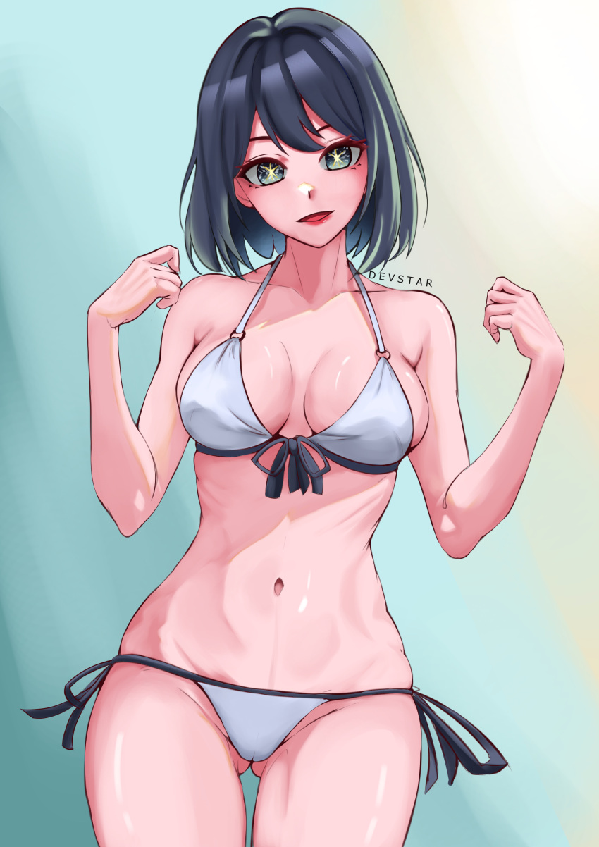 1girl absurdres ass_visible_through_thighs bikini black_hair breasts devstar front-tie_bikini_top front-tie_top gradient_background grey_eyes highres kurokawa_akane looking_at_viewer medium_breasts oshi_no_ko short_hair side-tie_bikini_bottom solo star-shaped_pupils star_(symbol) swimsuit symbol-shaped_pupils white_bikini