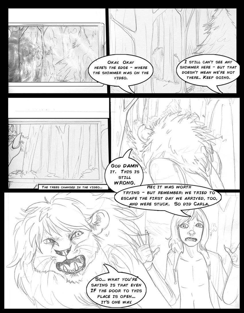 amanda_(tcitw) angry anthro arania armadillo_girdled_lizard clothing comic dialogue duo english_text felid female forest girdled_lizard hi_res hoodie humanoid jack_(tcitw) lion lizard male mammal open_mouth pantherine plant reptile scalie teeth text the_cabin_in_the_woods_(arania) topwear tree whiskers