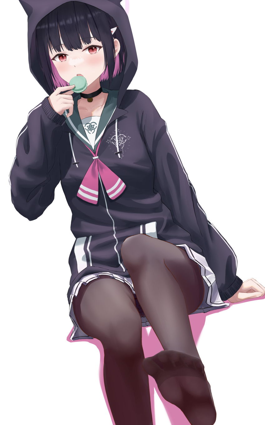 1girl absurdres animal_hood black_choker black_hair black_pantyhose blue_archive blue_hoodie blush chinese_commentary choker colored_inner_hair commentary_request feet food foot_focus green_sailor_collar hair_ornament hairclip hand_up highres holding holding_food hood hood_up hoodie kazusa_(blue_archive) long_sleeves looking_at_viewer macaron multicolored_hair neckerchief no_shoes open_mouth pantyhose pink_hair pink_neckerchief pleated_skirt red_eyes ressec sailor_collar shirt short_hair simple_background sitting skirt soles solo toes white_background white_shirt