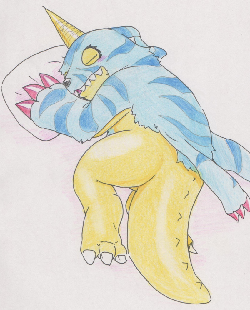 animal_skin anthro bandai_namco blush claws digimon digimon_(species) eyes_closed fur gabumon hi_res male pillow scalie sleeping slightly_chubby solo striped_body striped_fur stripes tabasukotrr traditional_media_(artwork)