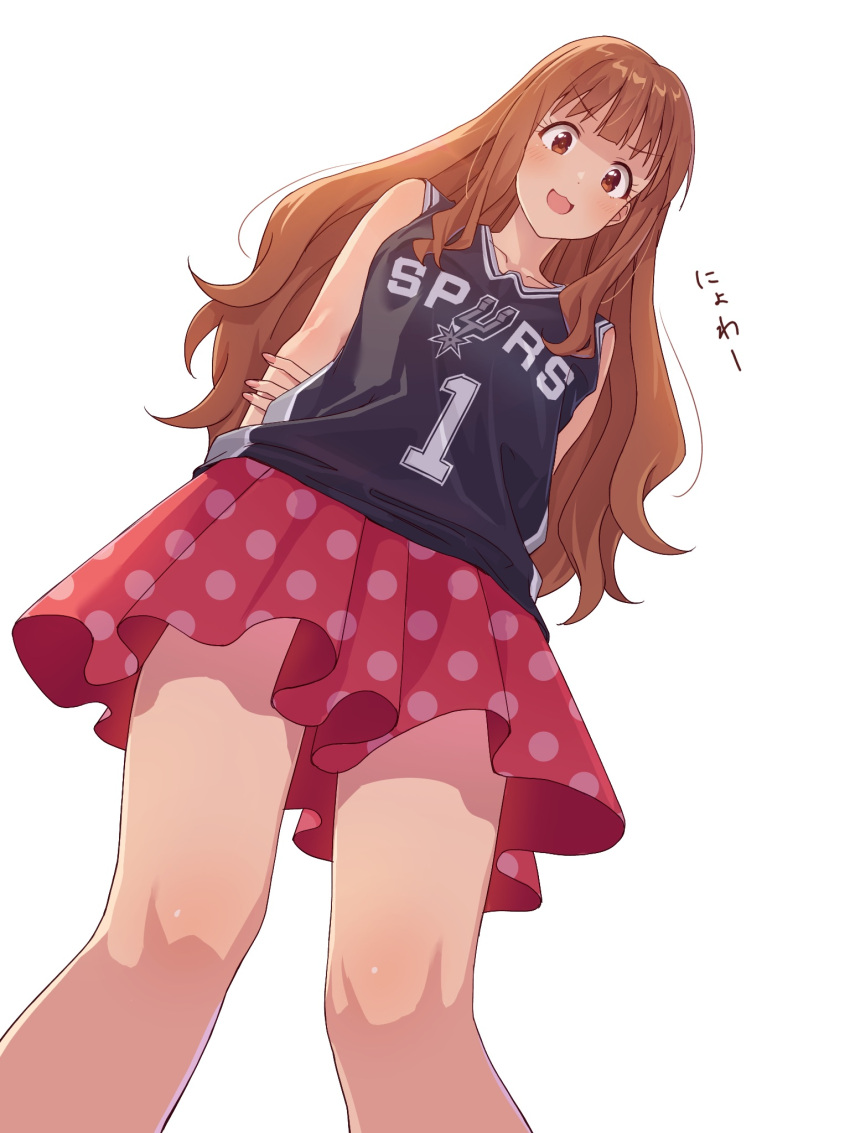 1girl arms_behind_back basketball_jersey brown_eyes brown_hair commentary_request from_below highres idolmaster idolmaster_cinderella_girls long_hair looking_at_viewer looking_down moroboshi_kirari national_basketball_association open_mouth polka_dot polka_dot_skirt red_skirt simple_background skirt smile solo standing white_background yazawa_happyaro