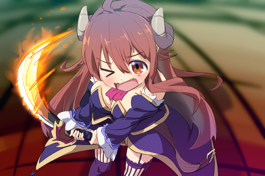 &gt;_o 1girl ahoge bare_shoulders blurry blurry_background blush breasts brown_eyes brown_hair cleavage commentary crisis_management_form_(machimazo) demon_girl demon_horns detached_sleeves fighting_stance flaming_sword flaming_weapon frilled_sleeves frills garter_straps hair_spread_out highres holding holding_sword holding_weapon horns incoming_attack large_breasts long_hair looking_at_viewer machikado_mazoku motion_lines oekakiism one_eye_closed open_mouth purple_thighhighs sidelocks solo sword thighhighs upturned_eyes v-shaped_eyebrows very_long_hair wavy_mouth weapon yoshida_yuuko_(machikado_mazoku)