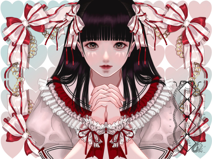 1girl black_hair blunt_bangs bow brown_eyes dress embellished_costume frilled_dress frills hair_bow hair_ornament heart heart_print highres long_hair looking_at_viewer narumi_hosokawa neckerchief original own_hands_together puffy_short_sleeves puffy_sleeves red_lips red_neckerchief ribbon sailor_collar short_sleeves signature solo symmetry too_many too_many_frills white_bow white_sailor_collar wrist_cuffs