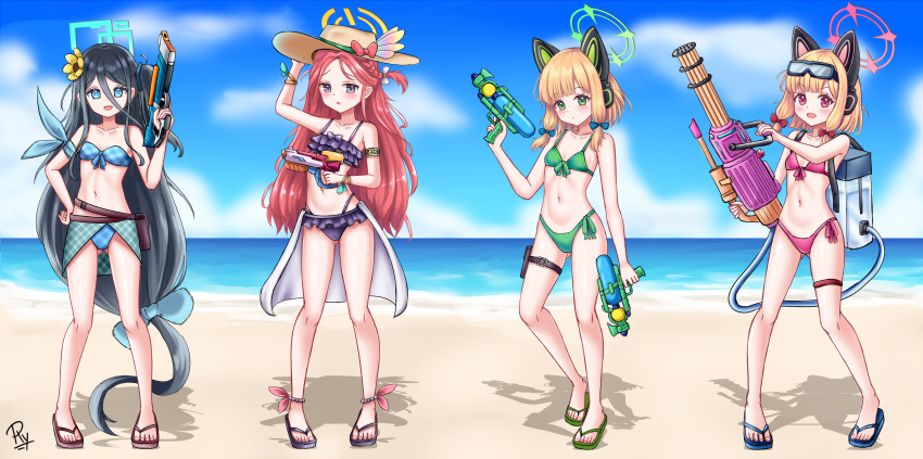 4girls absurdres alternate_costume animal_ear_headphones animal_ears aris_(blue_archive) arm_ribbon arm_up armlet ass_visible_through_thighs beach bead_anklet bikini black_hair blonde_hair blue_archive blue_bikini blue_bow blue_eyes blue_halo blue_ribbon blush bow bow_bikini bracelet braid brown_headwear cat_ear_headphones cat_ears closed_mouth collarbone commentary english_commentary fake_animal_ears flower french_braid frilled_bikini frills front-tie_bikini_top front-tie_top full_body game_development_department_(blue_archive) green_bikini green_eyes green_halo hair_bow hair_flower hair_ornament halo hand_on_own_hip hand_up hat hat_bow headphones highres holding holding_water_gun holster jewelry long_hair looking_at_viewer low_tied_sidelocks midori_(blue_archive) momoi_(blue_archive) multi-strapped_bikini_bottom multiple_girls navel ocean one_side_up open_mouth parted_lips pink_bikini pink_bow pink_halo purple_bikini purple_bow purple_eyes red_hair ribbon rylaera sandals short_hair side-tie_bikini_bottom standing strapless strapless_bikini sun_hat swimsuit thigh_holster toenails toes very_long_hair water_gun white_bow yellow_flower yellow_halo yuzu_(blue_archive)