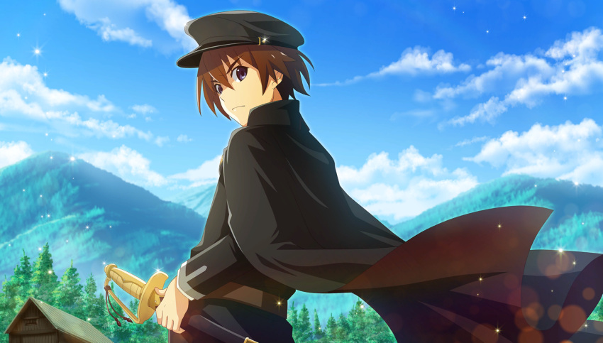 1boy belt black_cape black_headwear black_pants black_shirt blue_eyes blue_sky brown_hair cape cloud cloudy_sky day hair_between_eyes hat highres higurashi_no_naku_koro_ni higurashi_no_naku_koro_ni_mei hinamizawa holding long_bangs long_sleeves looking_at_viewer maebara_keiichi male_focus mountain nature official_art outdoors pants scenery serious shirt short_hair sky solo standing sword taishou tree weapon