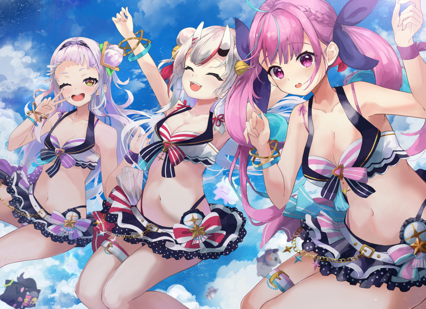 3girls belt bikini bikini_under_clothes black_skirt blue_bow blue_hair blue_sky bow breasts cleavage closed_eyes cloud front-tie_bikini_top front-tie_top grey_hair hair_bow hair_bun highleg highleg_bikini highres hololive hololive_summer_2023_swimsuit horns konkito medium_breasts minato_aqua multicolored_hair multiple_girls murasaki_shion nakiri_ayame navel neko_(minato_aqua) official_alternate_costume one_eye_closed oni oni_horns pink_bikini pink_hair purple_bikini purple_eyes red_bikini red_hair shiokko_(murasaki_shion) single_hair_bun skirt sky smile streaked_hair striped striped_bikini swimsuit twintails two-tone_hair v virtual_youtuber white_belt yellow_eyes