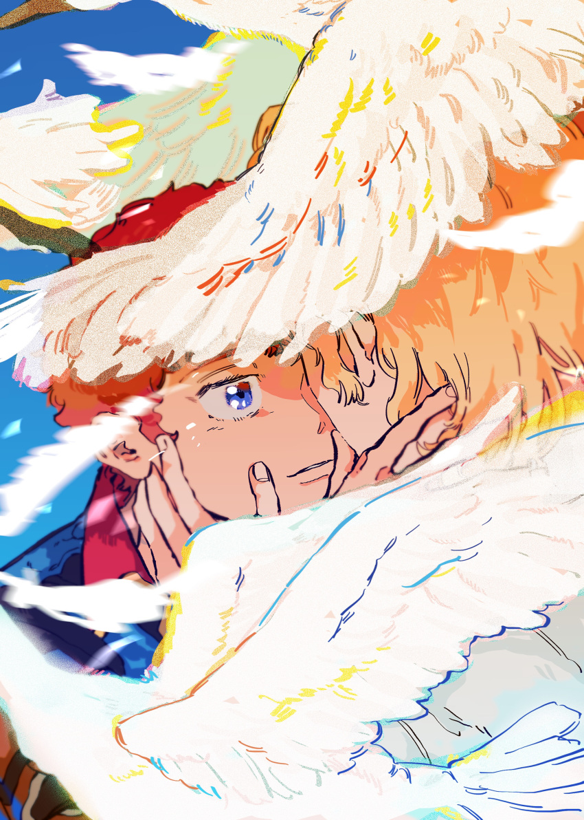 0ml 2boys absurdres amuro_ray bird blonde_hair blue_background blue_eyes blue_jacket char's_counterattack char_aznable feathered_wings feathers film_grain gundam hand_on_own_cheek hand_on_own_face highres jacket light_smile looking_at_another male_focus multiple_boys orange_hair parted_lips short_hair simple_background wings yaoi