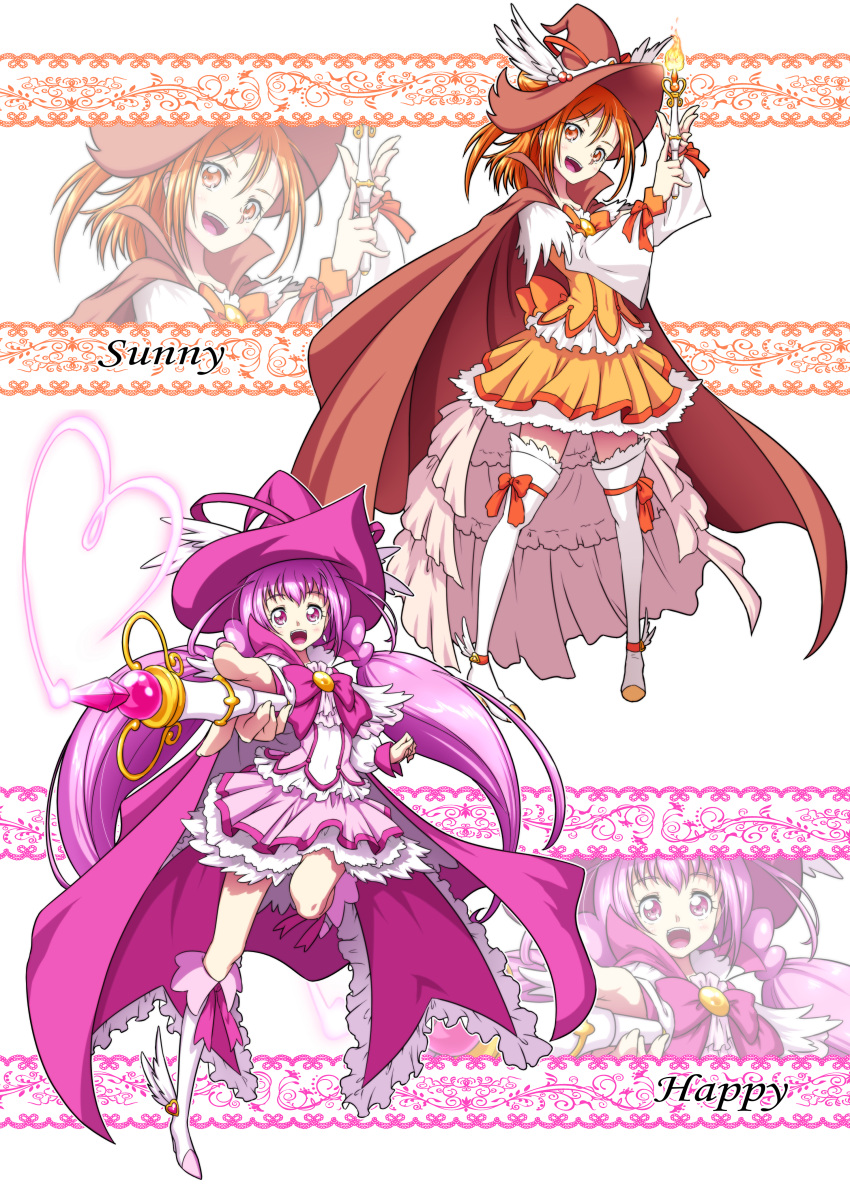 2girls :d absurdres adapted_costume alternate_costume blush boots bow cape character_name commentary_request cure_happy cure_sunny earrings eyelashes hair_ornament happy hat highres hino_akane_(smile_precure!) hoshizora_miyuki jewelry knee_boots kneehighs large_hat long_hair looking_at_viewer magical_girl matatabi_(karukan222) multiple_girls open_mouth orange_cape orange_eyes orange_hair orange_skirt pink_bow pink_cape pink_eyes pink_hair precure short_hair skirt smile smile_precure! socks staff standing thigh_boots thighhighs thighs twintails wand witch witch_hat