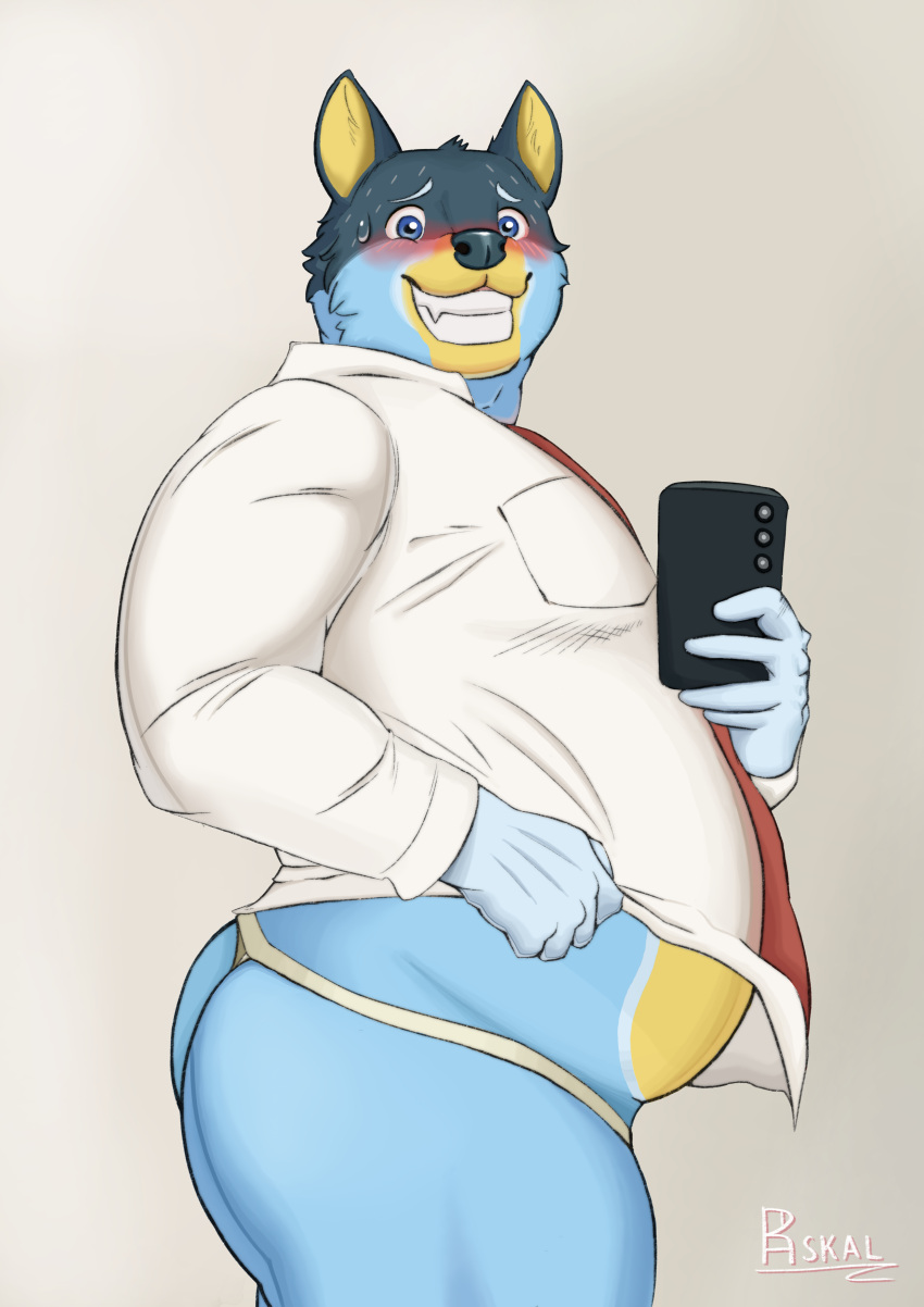 absurd_res anthro australian_cattle_dog bandit_heeler belly big_belly big_butt bluey_(series) bottomwear butt canid canine canis cattledog clothed clothing domestic_dog herding_dog hi_res male mammal mature_male overweight overweight_male partially_clothed pastoral_dog raskalaskal smile solo thick_thighs