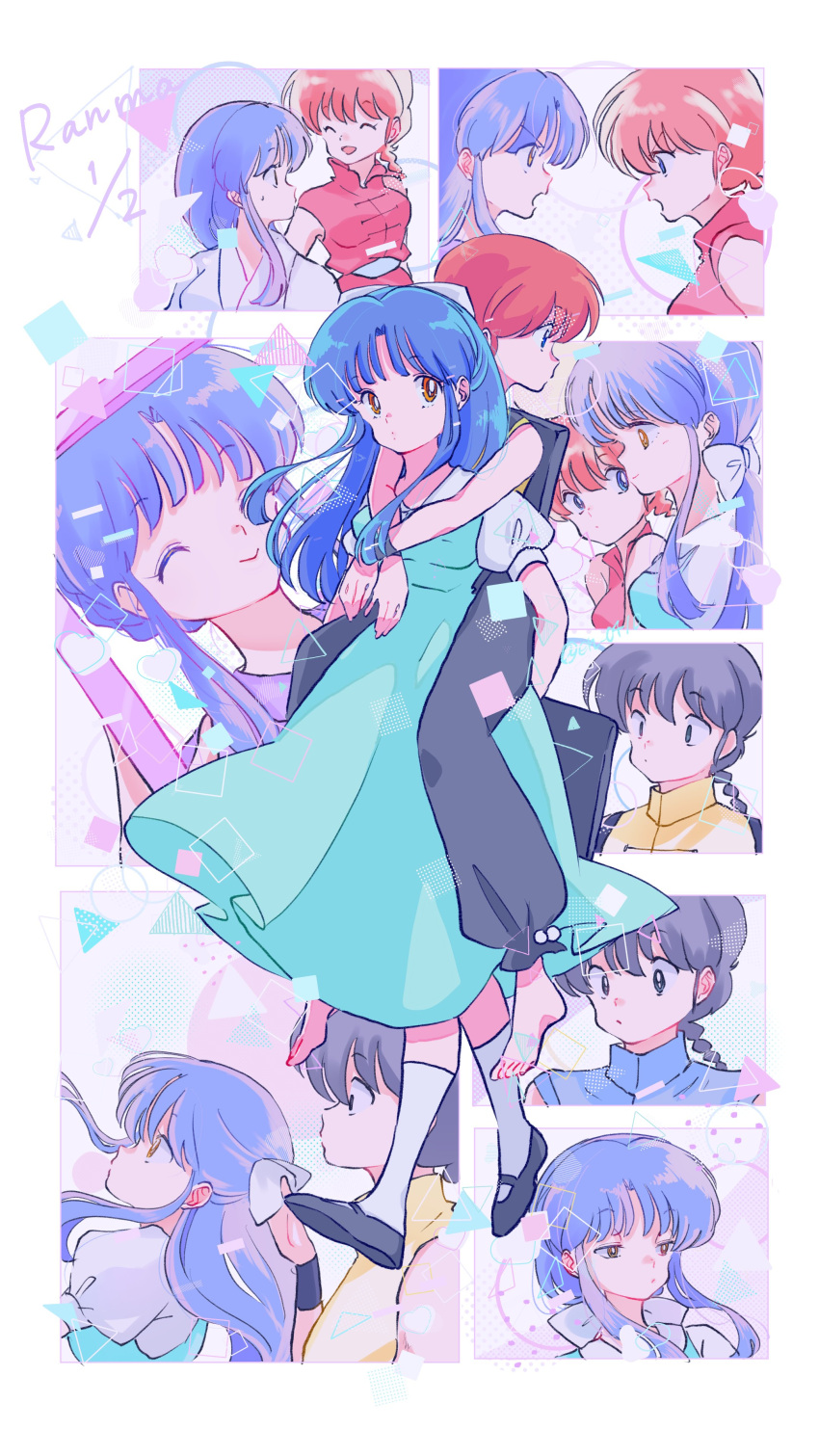 absurdres backpack bag barefoot blue_hair bow breasts closed_eyes couple en_0410 feet fuurinkan_high_school_uniform highres ranma_1/2 saotome_ranma school_uniform smile tendou_akane white_bow