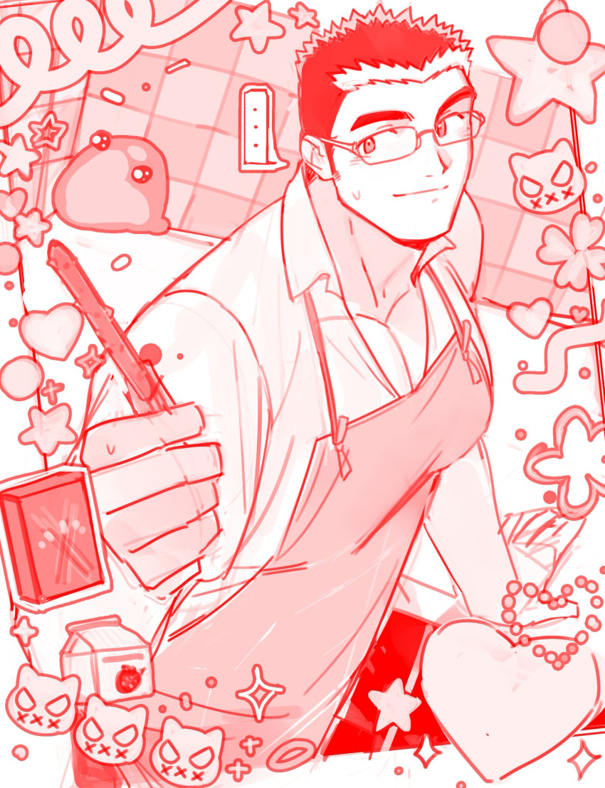 ... 1boy apron bara cropped_legs devil_(housamo) glasses heart highres holding large_pectorals looking_at_viewer male_focus milk_carton monochrome motoori_shiro muscular muscular_male ornate_border pectoral_cleavage pectorals red_theme rimless_eyewear short_hair sideburns sideways_glance sketch smile solo sparkle strawberry_milk thick_eyebrows tokyo_afterschool_summoners tyou