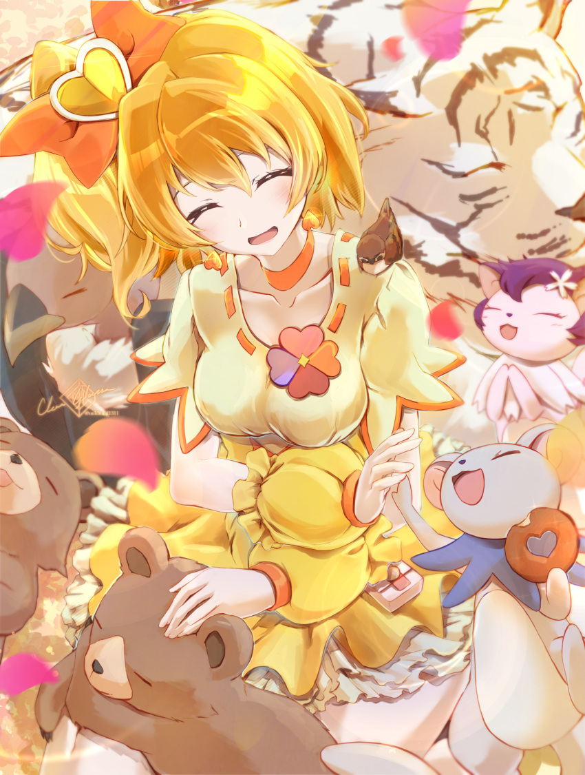 1girl 1other 6+others animal artist_name azukina bear bird blonde_hair breasts brooch check_commentary choker clear_glass_(mildmild1311) closed_eyes collarbone commentary_request condor cure_pine doughnut dress earrings ferret food fresh_precure! hair_ornament heart heart_brooch heart_hair_ornament highres jewelry magical_girl medium_breasts multiple_others open_mouth orange_choker petals pouch precure short_hair signature sitting sleeping smile sparrow squirrel tart_(fresh_precure!) tiger twitter_username wrist_cuffs yamabuki_inori