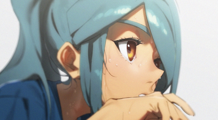 1boy aqua_hair blurry brown_eyes close-up commentary depth_of_field eyelashes from_side hair_over_one_eye hand_up highres inazuma_eleven_(series) kazemaru_ichirouta long_hair looking_ahead male_focus omisotayan parted_lips ponytail portrait sidelocks simple_background solo sweat swept_bangs symbol-only_commentary white_background wiping_face wiping_sweat