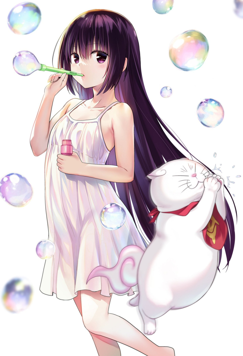 1girl 1other ayakashi_triangle blowing bubble bubble_blowing bubble_pipe cleaned commentary derivative_work dress english_commentary eyelashes flat_chest highres kanade_(ayatora) light_blush long_hair looking_at_viewer momocchi18 official_art purple_eyes purple_hair shirogane_(ayatora) short_dress simple_background sleeveless sleeveless_dress standing white_background white_dress yabuki_kentarou