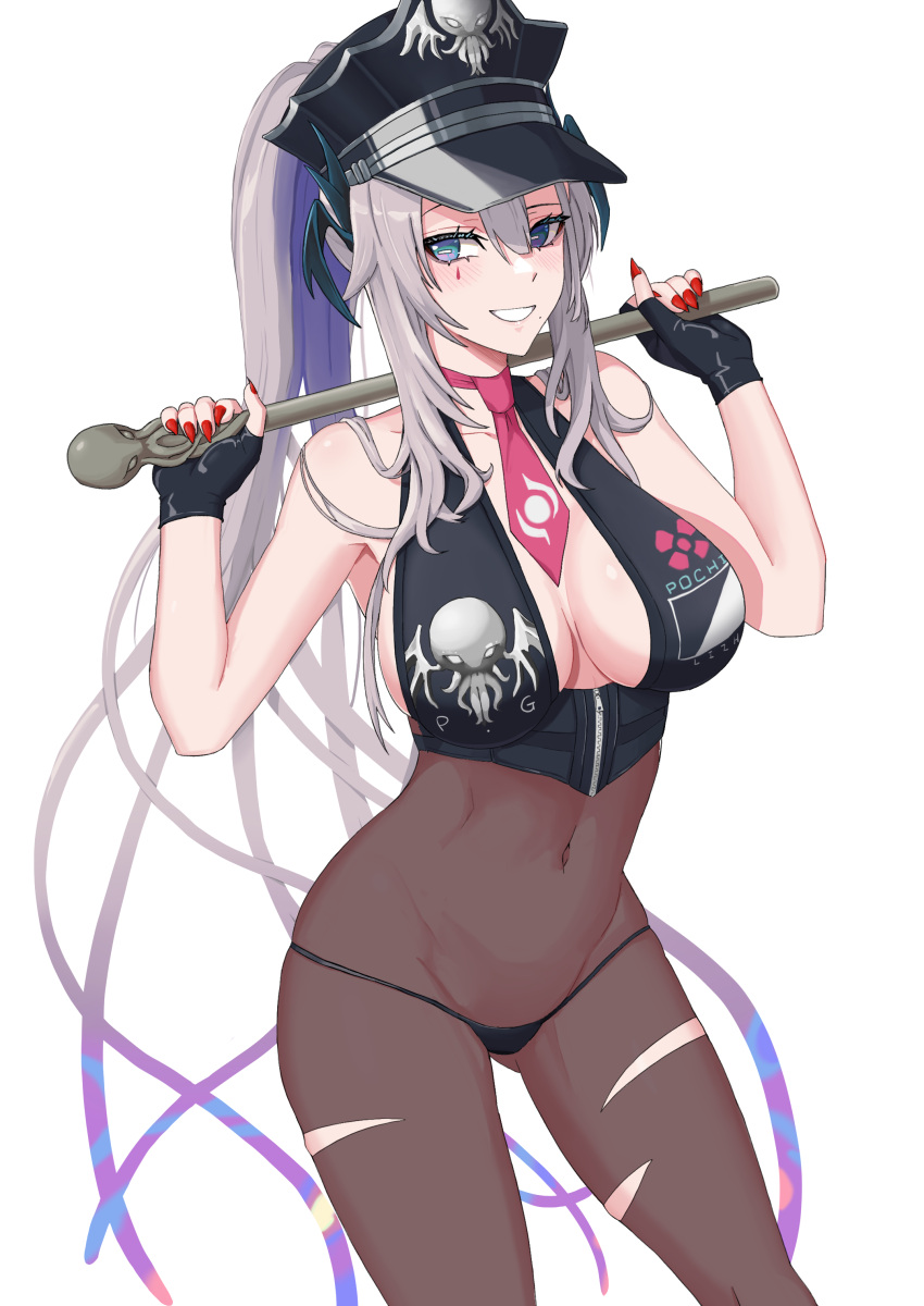 1girl absurdres black_bikini_bottom black_gloves black_headwear blue_eyes blush bodystocking breasts bright_pupils commentary cosplay crop_top english_commentary fate/grand_order fate_(series) gloves grey_hair hair_between_eyes hat head_wings highres horizontal_pupils indie_virtual_youtuber kuon_bb large_breasts mole mole_under_mouth necktie partially_fingerless_gloves peaked_cap pink_necktie pochimaru_(vtuber) ponytail red_nails sessyoin_kiara sessyoin_kiara_(swimsuit_mooncancer) sessyoin_kiara_(swimsuit_mooncancer)_(cosplay) solo teardrop_facial_mark tentacle_hair torn_bodystocking torn_clothes traffic_baton virtual_youtuber white_pupils wings zipper zipper_pull_tab