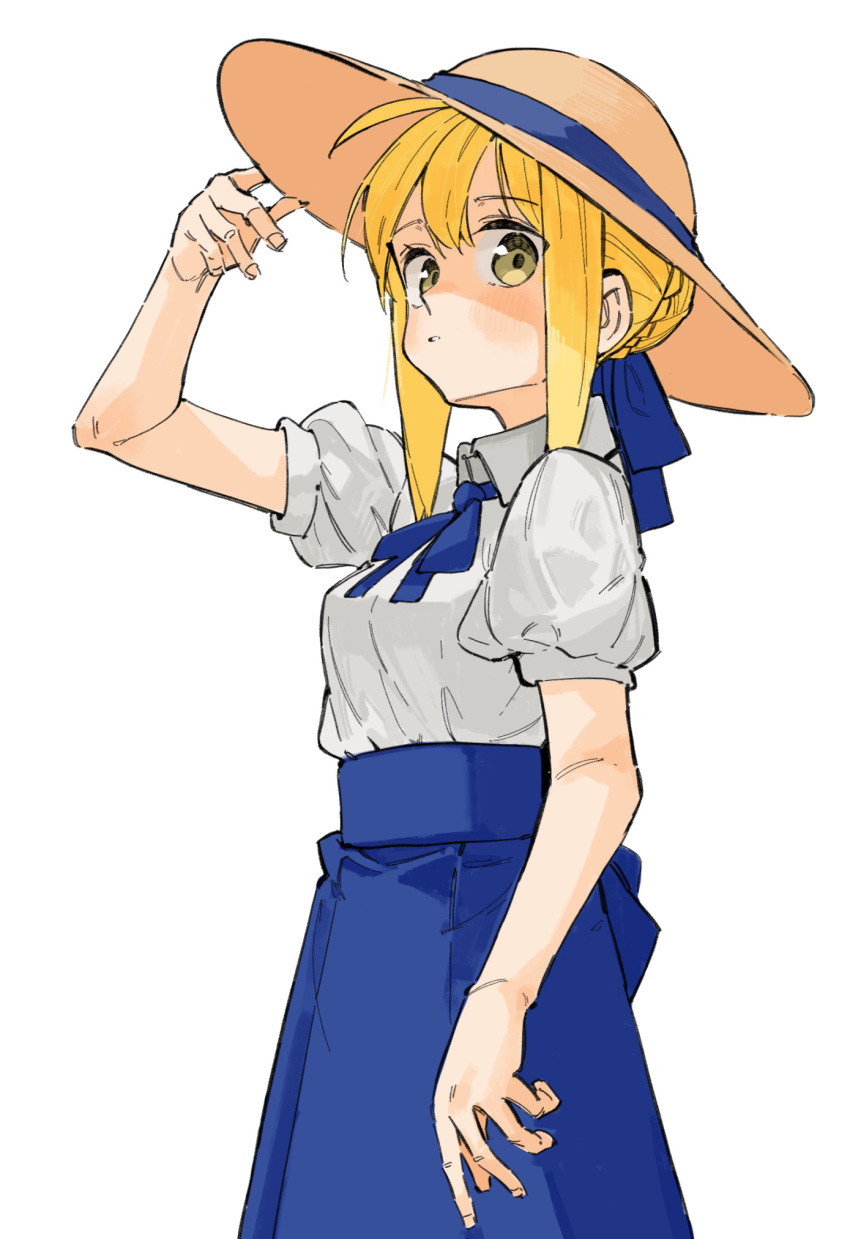 1girl artoria_pendragon_(fate) blonde_hair blue_ribbon blue_skirt blush collared_shirt fate/stay_night fate_(series) green_eyes grey_shirt hair_bun hair_ribbon hat high-waist_skirt highres looking_at_viewer neck_ribbon ribbon saber shirt short_sleeves sidelocks simple_background skirt solo sun_hat tenoo12 white_background