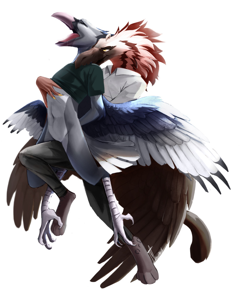 absurd_res accipitrid accipitriform ambiguous_gender andromorph anthro avian beak bearded_vulture bird bite bodily_fluids clawed_feet claws clothed clothing corvid dominant dominant_anthro dominant_male duo eyes_closed grinding gryfawern_asphendir gryphon hi_res intersex intersex/male jykinturah_(character) magpie_(corvid) male maximasmac mythological_avian mythology old_world_vulture oscine partially_clothed passerine restrained_arms saliva scratching spread_wings submissive submissive_ambiguous submissive_anthro submissive_intersex tongue vulture wings yellow_eyes