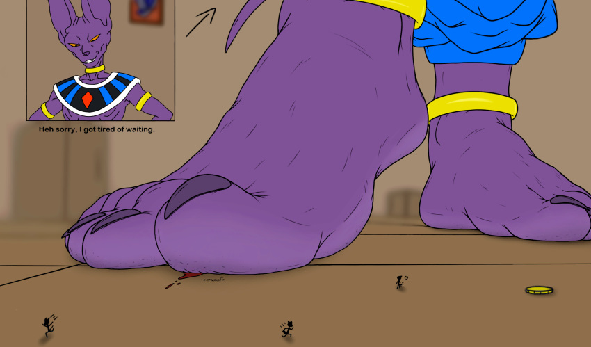 2023 5_toes anthro armlet beerus blood blurred_background bodily_fluids claws coin colored crush cutaway death deity dialogue digital_drawing_(artwork) digital_media_(artwork) domestic_cat dragon_ball dragon_ball_super english_text extreme_size_difference feet felid feline felis foot_crush foot_fetish foot_focus fur hi_res humanoid_feet inside larger_anthro larger_male macro male mammal micro neckwear orange_eyes plantigrade purple_body purple_claws purple_fur purple_nose size_difference smaller_anthro smellslikejavier smile smirk sound_effects stick_figure text toes