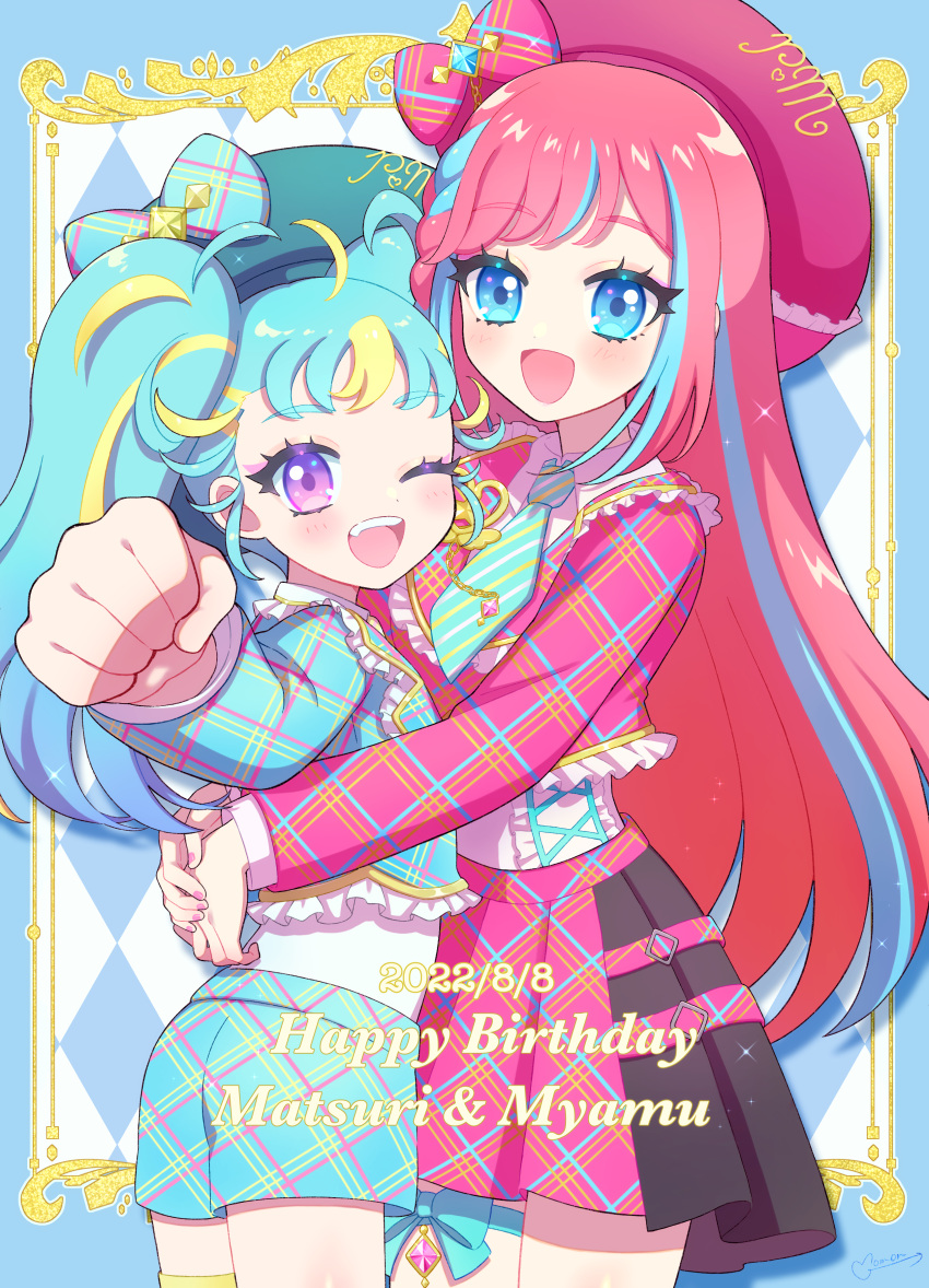 2girls :d ;d absurdres ahoge beret blonde_hair blue_eyes blue_hair blue_jacket blue_necktie blue_shorts blush bow braid clenched_hand commentary_request cowboy_shot foreshortening frilled_jacket frills happy_birthday hat hat_bow hibino_matsuri hibino_matsuri_(primagista) highres hug idol_clothes jacket long_hair long_sleeves looking_at_viewer momokan_(mmkn100) multicolored_hair multiple_girls myamu necktie one_eye_closed open_mouth pink_hair pink_headwear pink_jacket pink_skirt plaid plaid_bow plaid_jacket plaid_shorts plaid_skirt pleated_skirt pretty_(series) purple_eyes red_bow shirt shorts side_braid skirt smile standing streaked_hair striped_necktie twintails very_long_hair waccha_primagi! white_shirt