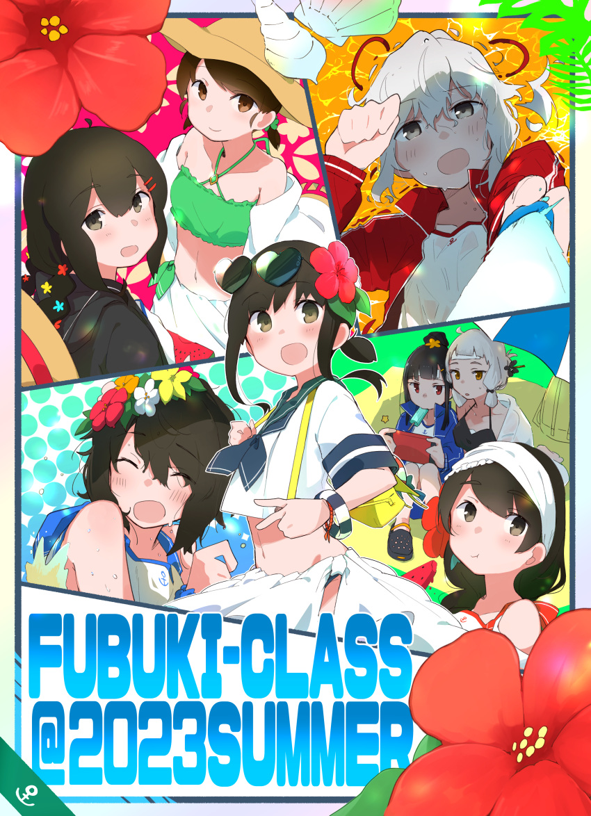 6+girls absurdres anchor_symbol bikini black_hair blue_jacket blush braid brown_eyes closed_eyes closed_mouth criss-cross_halter eyewear_on_head flower food fubuki_(kancolle) green_bikini green_eyes green_sailor_collar grey_hair hair_flower hair_ornament hairclip halterneck handheld_game_console hatsuyuki_(kancolle) heart heart-shaped_eyewear highres holding holding_handheld_game_console isonami_(kancolle) jacket kantai_collection long_hair ma_rukan miyuki_(kancolle) multiple_girls murakumo_(kancolle) navel nintendo_switch open_clothes open_jacket open_mouth popsicle red_eyes red_flower sailor_collar school_uniform serafuku shirayuki_(kancolle) short_hair short_ponytail short_sleeves short_twintails single_braid smile sunglasses swimsuit twin_braids twintails uranami_(kancolle) usugumo_(kancolle) v white_flower yellow_eyes yellow_flower