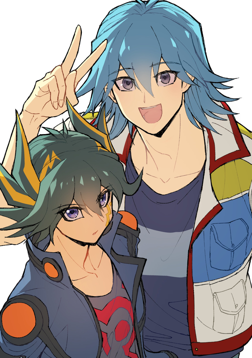 2boys absurdres black_hair black_shirt blue_eyes blue_hair blue_jacket blue_shirt bruno_(yu-gi-oh!) collarbone commentary_request facial_mark facial_tattoo from_above fudou_yuusei grey_eyes hand_up happy high_collar highres jacket male_focus marking_on_cheek multicolored_hair multiple_boys open_clothes open_jacket open_mouth parted_lips shirt short_hair shoulder_pads simple_background smile spiked_hair standing streaked_hair tattoo v white_background youko-shima yu-gi-oh! yu-gi-oh!_5d's
